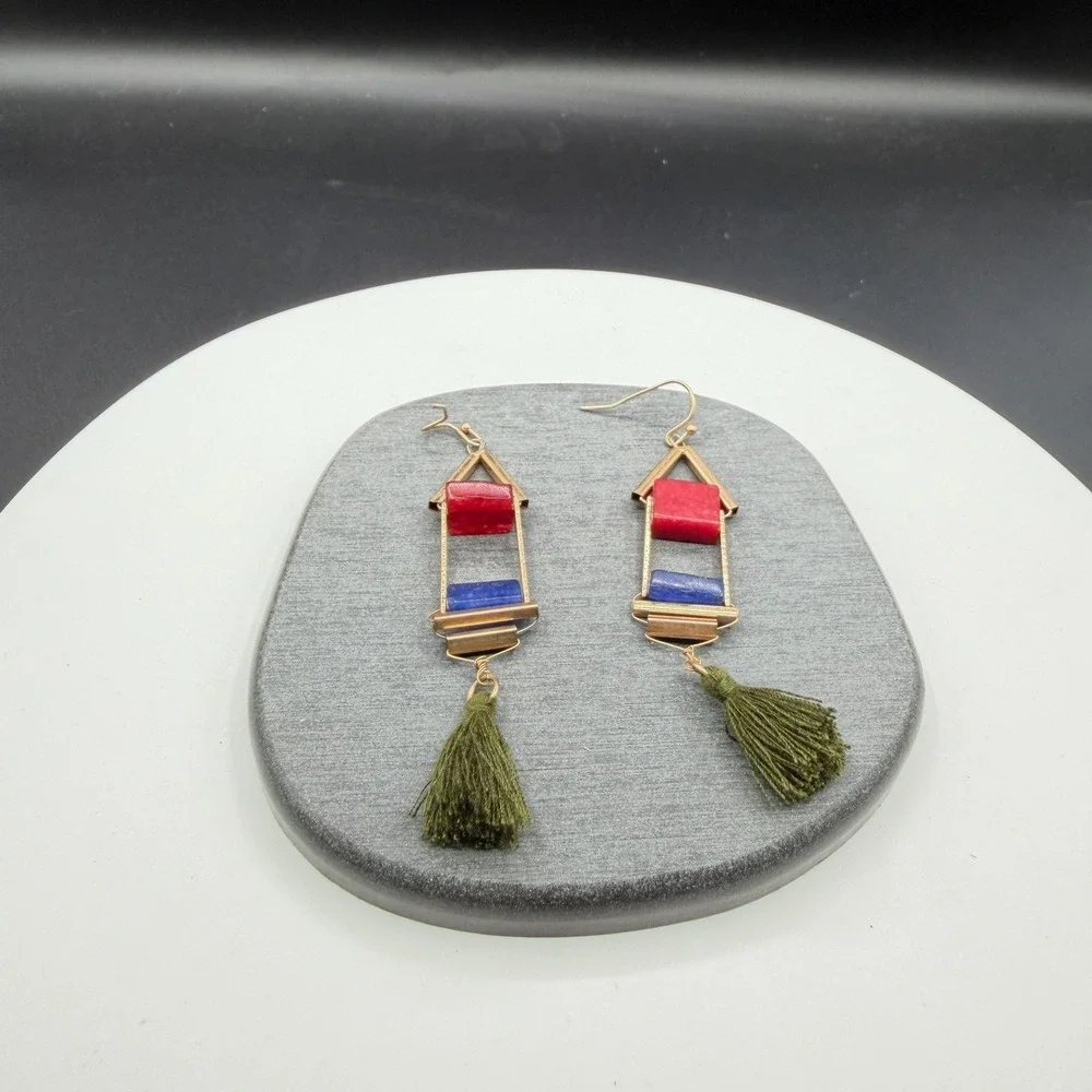 Gold Tone Red Blue Stone Olive Green Tassel Boho Geometric Dangle Earrings